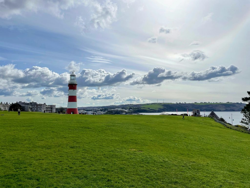 Smeaton’s Tower lighthouse on Plymouth Hoe with ocean views